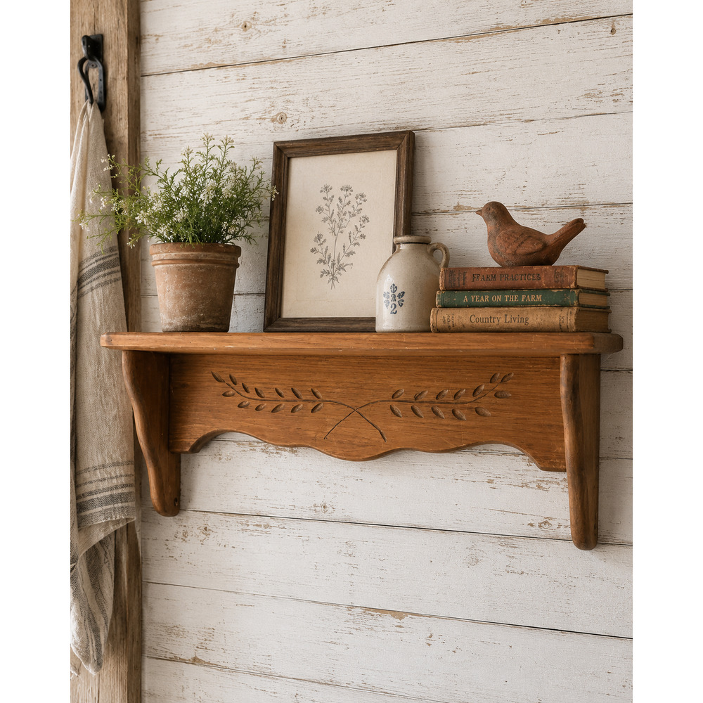 Vtg Solid Wood Wall Shelf w Crossed Wheat Detail Plate Groove Country Farmhouse